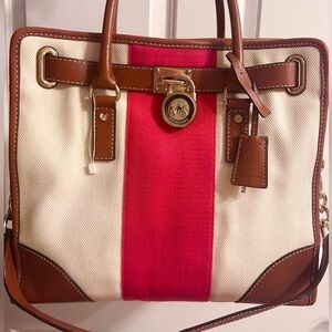 Michael Kors Large Hamilton Canvas Tote with Red Stripe and Brown Leather Trim